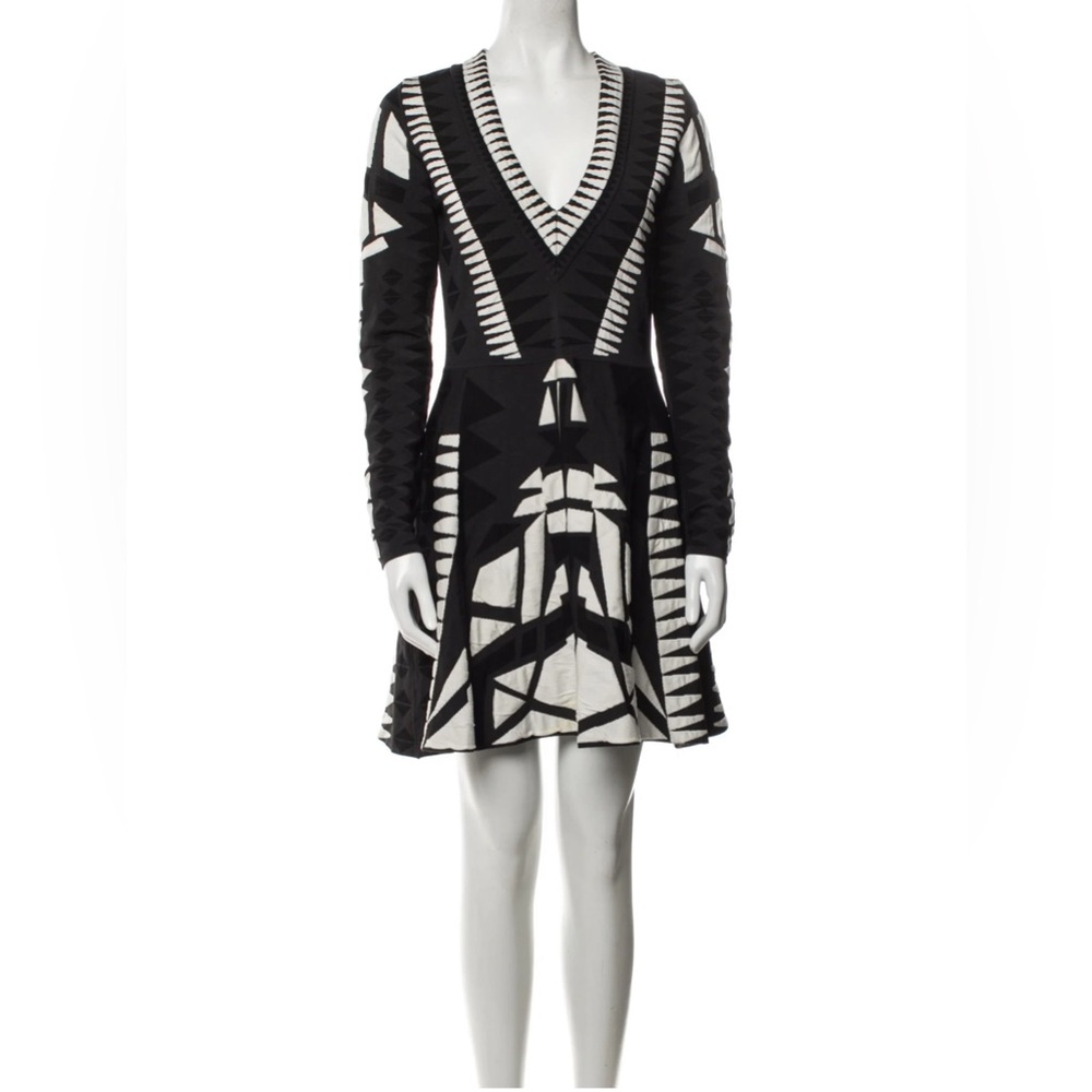 Parker A-Line Printed Long Sleeve Dress with Plunge Neckline.